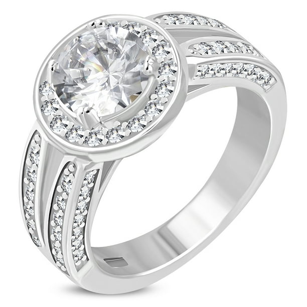 925 Sterling Silver Polished Round Champagne & Clear CZ Bridal Engagement Ring 